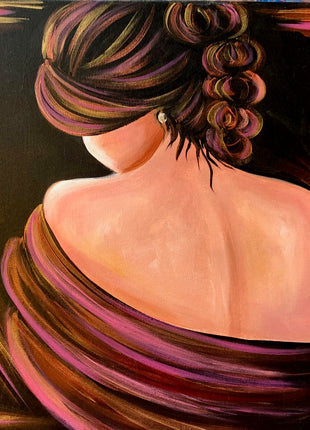 Canvas painting of the back of a woman. Her back is mostly visible, with a black draping covering her lower back. It is heavily highlighted and accented with metallic gold and copper as well as fluorescent purple. Her hair is pulled up in an updo that is also highlighted with metallic colors. This is a more sophisticated painting. 