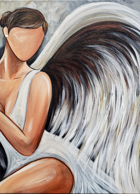 Canvas painting of a seated angel with hair pulled back looking over her shoulder. She is wearing a white dress. Her wings are large and beautiful, white with copper and gold metallic accents. The background is a soft gray with smoky accents. 