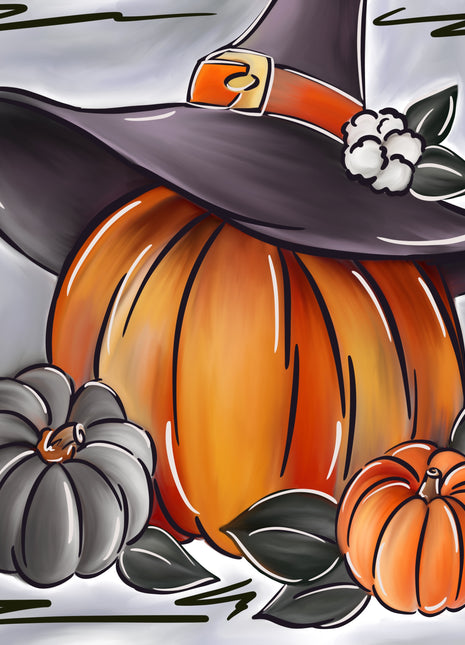 Canvas painting of a large orange pumpkin wearing a black witch's hat. Also pictured are a smaller gray pumpkin and a smaller orange pumpkin, all against a light gray background. 