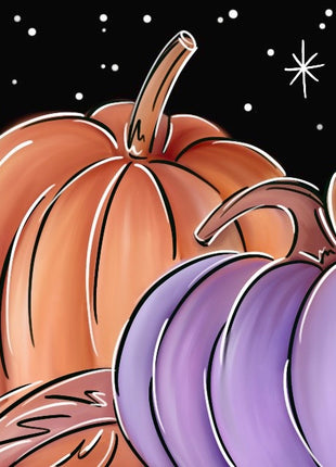 Canvas painting of brightly colored pumpkins. There is a large orange pumpkin, and a fluorescent purple pumpkin. Also pictured is greenery but the greenery is also in oranges and purples. 