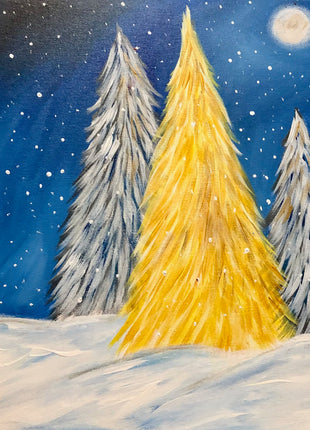 Canvas painting of three snowy trees on a bed of snow at night with the moon  bright and full. The sky is dark blue and it is snowing. 