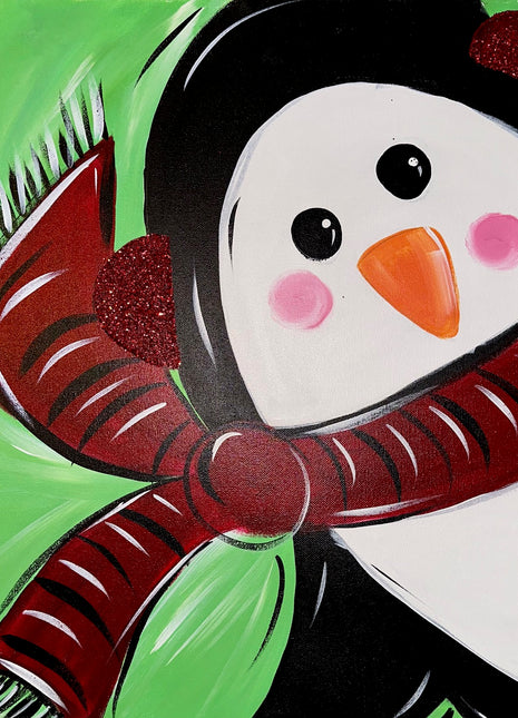 Canvas painting of a fun little penguin wearing a bright red scarf and red glitter ear muffs. 