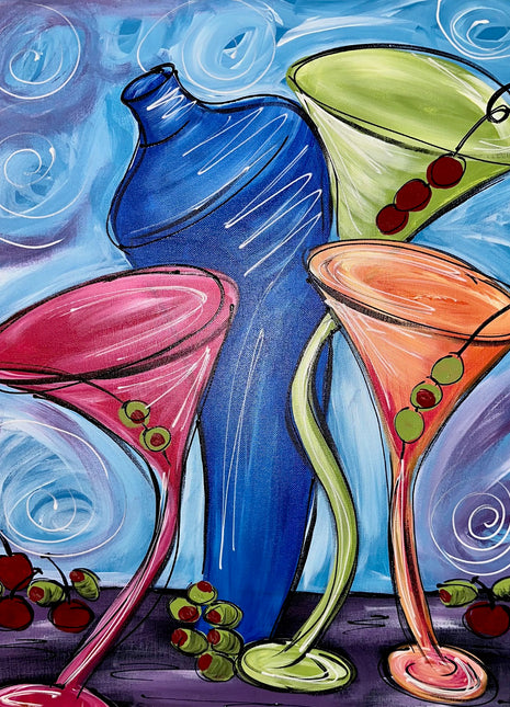 Canvas painting of a funky shaker and martini glasses that look as though they are dancing. This is a very colorful painting with lots of fun add-ons like olives and swirls.