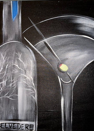 Canvas painting of a bottle of vodka and a martini glass with an olive inside. This is mostly a monochromatic painting. 