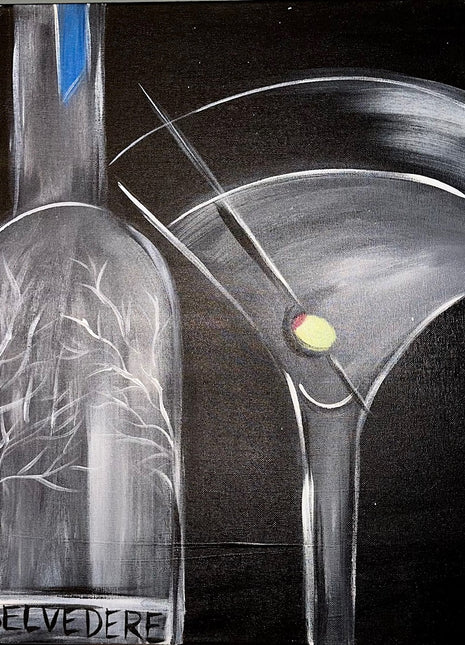 Canvas painting of a bottle of vodka and a martini glass with an olive inside. This is mostly a monochromatic painting. 