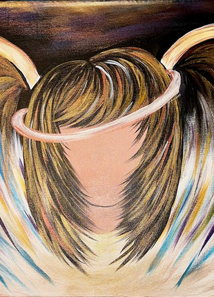 Canvas painting of an angel wearing a halo. Her wings are highlighted with gold and copper metallic and withe purple. 