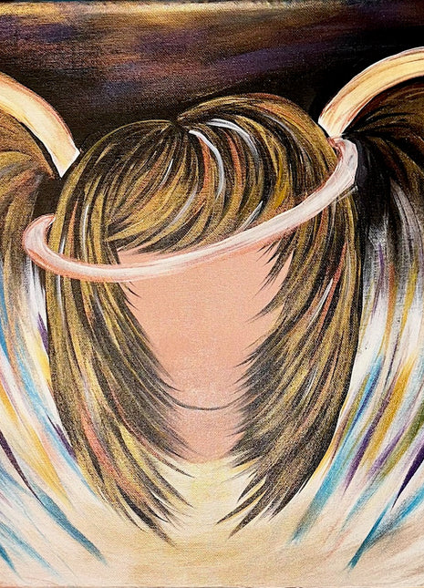 Canvas painting of an angel wearing a halo. Her wings are highlighted with gold and copper metallic and withe purple. 