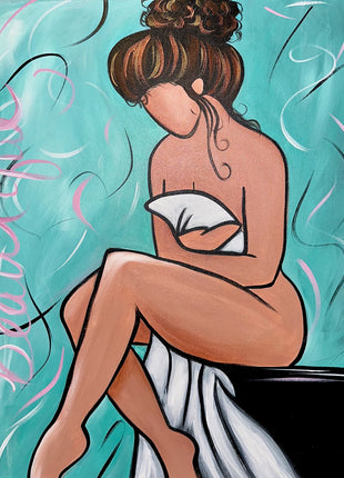 Canvas painting of a woman wearing only a sheet pulled up to her chest. Her hair is pulled up in a bun like she is perhaps about to take a bath. Background is teal. Her hair is dark with gold and copper metallic highlights.
