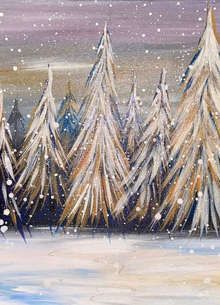 Canvas painting of a stand of trees during snowfall at night. The sky is bright with snow and with the hints of purple. There is a large moon The painting features gold metallic as well. 