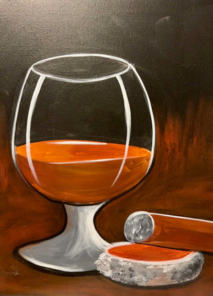 Canvas painting of a glass of brandy with a cigar and an ashtray. The painting is dark with mostly browns and black. 