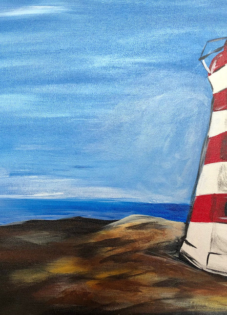 Canvas painting of a red and white striped lighthouse against clear blue skies. The lighthouse is sitting on brown rocky ground. 