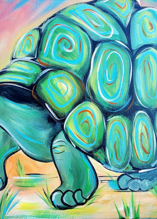 Funky canvas painting of a large tortoise. The background is colorful and evokes a sunset sky. The tortoise is a pretty teal and green color with lots of fun patterns on his shell and with lots of colorful highlights. 
