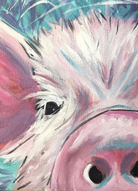 Fun and funky canvas painting of a pig. The view is closeup so you only see parts of him namely one eye, part of his cute ear, and most of his snout. He is white with pink and blue and teal accents. 