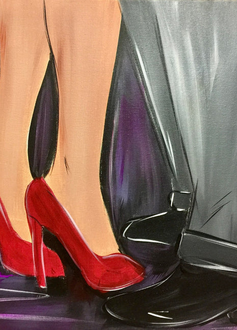 Canvas painting depicting a man and a woman's feet as though they are dancing. Her heels are red and his shoes are shiny and black. He is wearing gray slacks. There are fluorescent purple accents in the backrgound. 