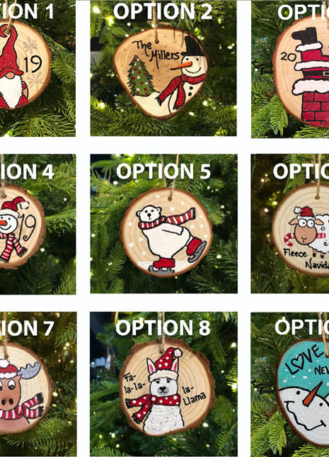 Nine wooden "cookie" style ornaments. Ornaments feature from top left: a gnome, a snowman, Santa stuck in the chimney, a snowman, a skating polar bear, a sheep, a reindeer, a llama, and a snow couple. 