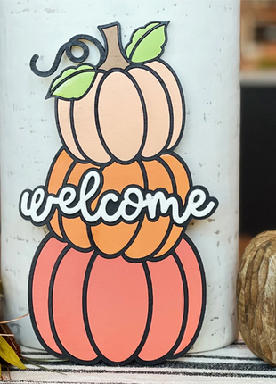 "Welcome" Wooden Door Hanger - Pumpkin Stack