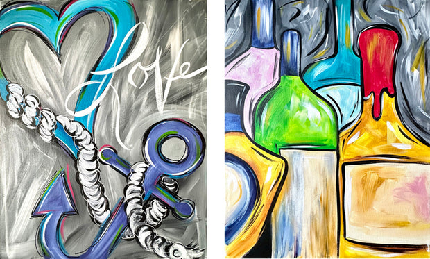 Two canvas paintings side by side. On the left is a canvas featuring a large teal heart with a rope attaching it to a purple anchor at bottom. The theme of the painting is love is the anchor. On the right is a very colorful painting featuring several bottles of alcohol, although they are just representations of a bar and are not actually any alcohol bottles in particular.
