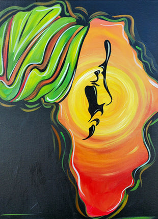 Canvas painting of a woman's silhouette inside a sunset-inspired shape of the continent of Africa. 