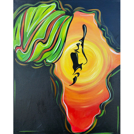 Canvas painting of a woman's silhouette inside a sunset-inspired shape of the continent of Africa. 