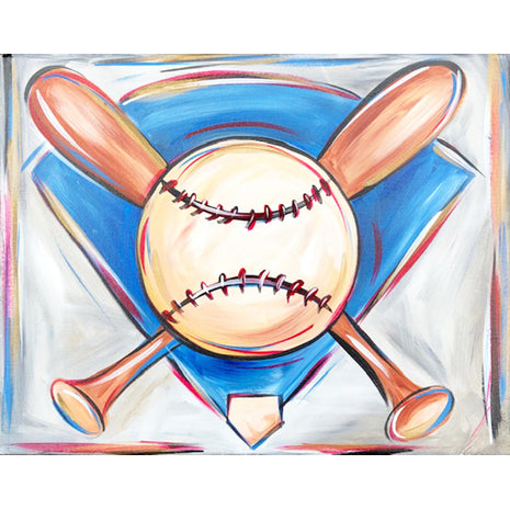 Canvas painting of a baseball diamond with two bats crossed and a ball in the foreground. 
