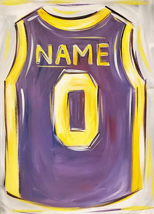 Canvas painting of a purple basketball jersey with gold piping around the sleeves and side. 