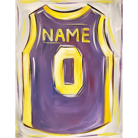 Canvas painting of a purple basketball jersey with gold piping around the sleeves and side. 