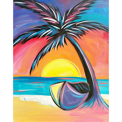 Canvas painting of a funky beach scene. The sky is purple and teal and orange and yellow and red. The sun is setting over the water. There is a large palm tree with a boat leaned against it. 