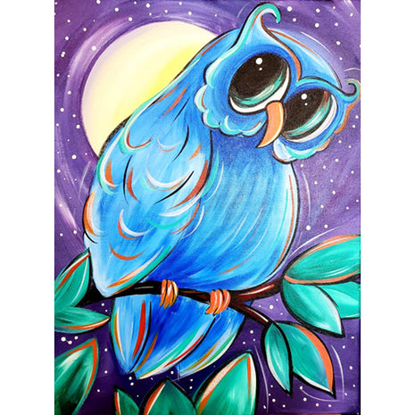 Canvas painting of a blue owl sitting on a branch. There is a full moon and the sky is purple. 