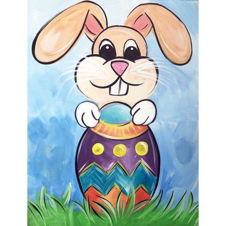 Canvas painting of an Easter bunny smiling while holding onto a very large colorful Easter egg.