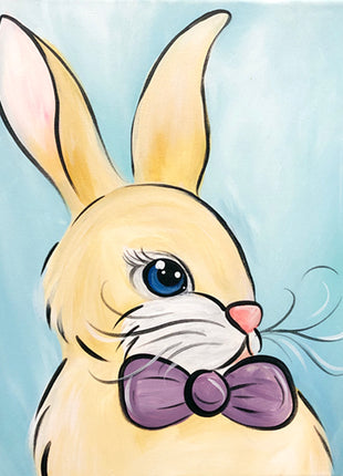 Canvas painting of a bunny with a purple bow tie. 
