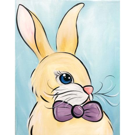 Canvas painting of a bunny with a purple bow tie. 