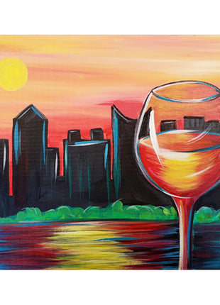 Canvas painting of a city skyline silhouetted in black against a sunset of orange and yellow and red. In the foreground is a large wine glass with the sunset colors reflected in it. 