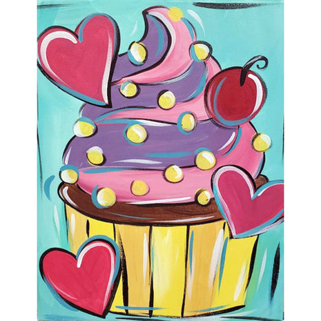 Canvas painting of a chocolate cupcake with pink and purple swirled icing. There is a cherry on top and there are pink hearts around the cupcake. 