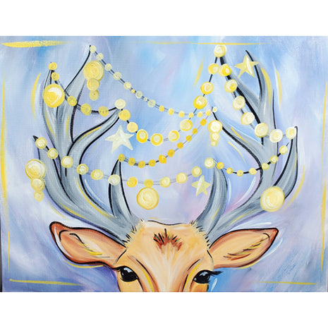 Canvas painting of a reindeer with Christmas lights in his antlers. 