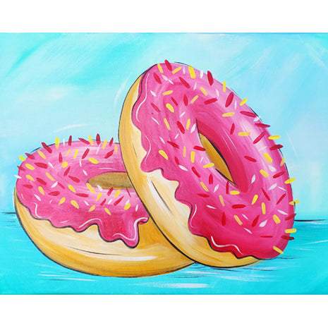 Canvas painting of two colorful pink donuts with bright sprinkles against a pastel blue background. 