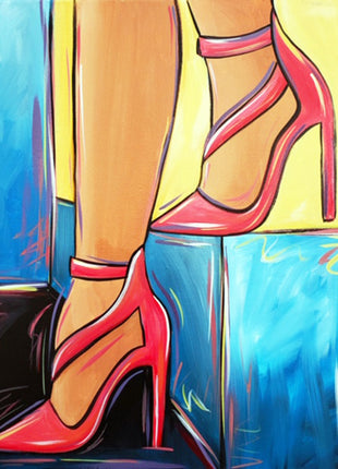 Canvas painting of a woman's legs. She is wearing pink strappy heels. 