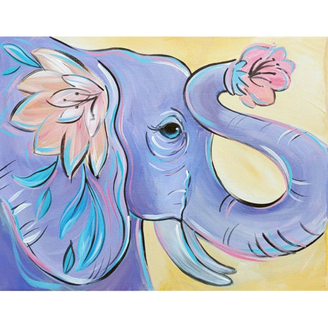 Canvas painting of a soft purple elephant with flowers on his ear and in his trunk. 