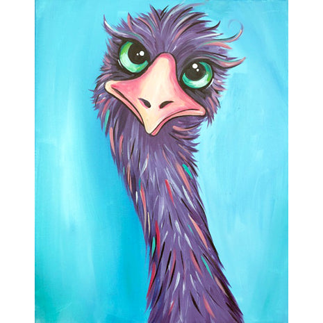 Canvas painting of a purple emu with lots of fun colorful accents. 