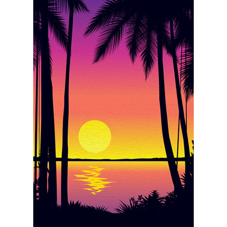 Canvas painting of a beach sunset with the palm trees silhouetted in black against the pink, purple, orange and yellow sky and water. 