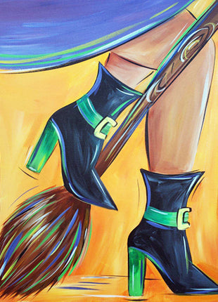 Canvas painting of a witch's legs on a broom. 