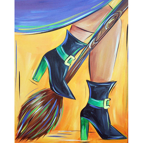 Canvas painting of a witch's legs on a broom. 
