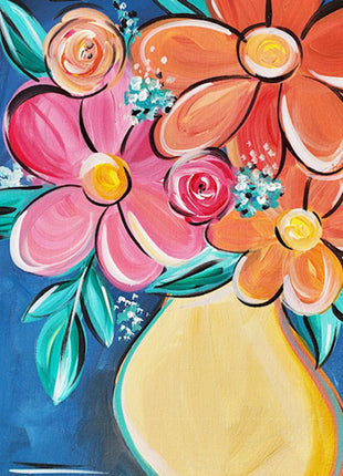 Canvas painting of funky colorful flowers in a yellow vase. 