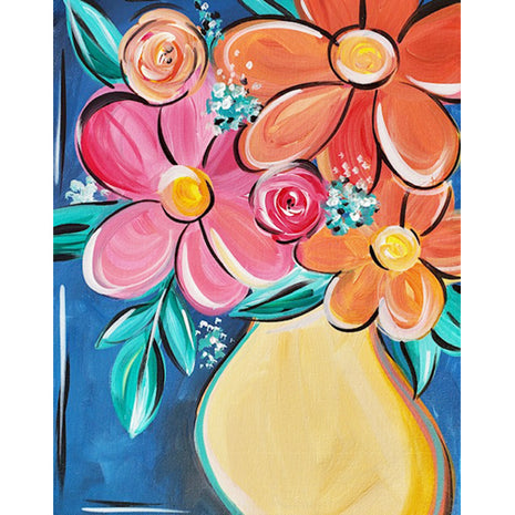 Canvas painting of funky colorful flowers in a yellow vase. 