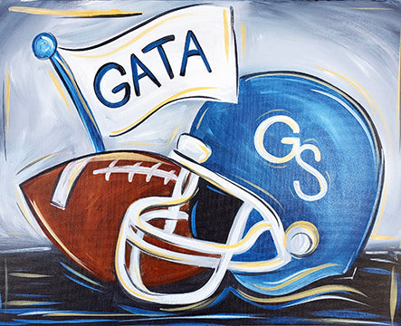 Canvas painting of a blue football helmet with a GS on the side for Georgia Southern, although it can be personalized for other teams as well. There is also a football and a flag that reads "GATA."
