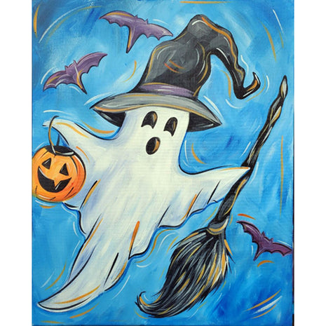 Canvas painting of a ghost dressed as a witch and holding a broom and an orange Halloween pumpkin pail. There are purple bats flying around the ghost. 