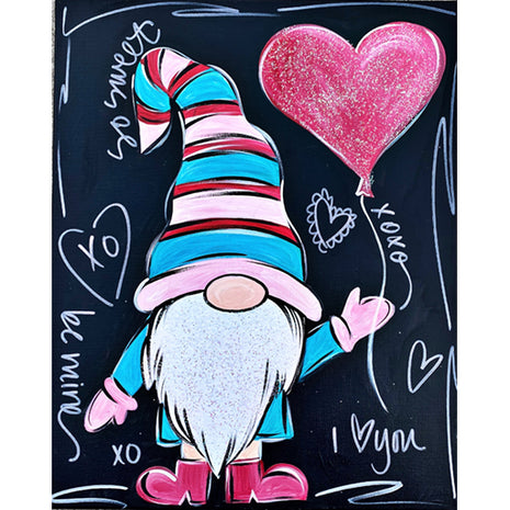 Canvas painting of a gnome wearing pink and red and blue and holding a heart shaped balloon. Sweet messages like "I love you" and "Be mine" are in the background. 