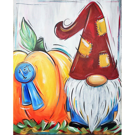 Canvas painting of a gnome wearing a patchwork fall colored pointy hat standing next to a giant pumpkin with a first place ribbon attached. 
