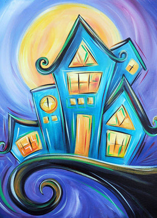 Canvas painting of a delightfully spooky haunted house, teal in color, against a purple sky with a large yellow moon. 