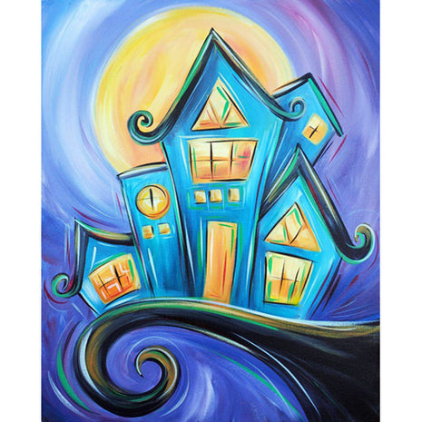 Canvas painting of a delightfully spooky haunted house, teal in color, against a purple sky with a large yellow moon. 
