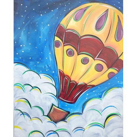 Canvas painting of a fun and funky hot air balloon floating above the clouds. 